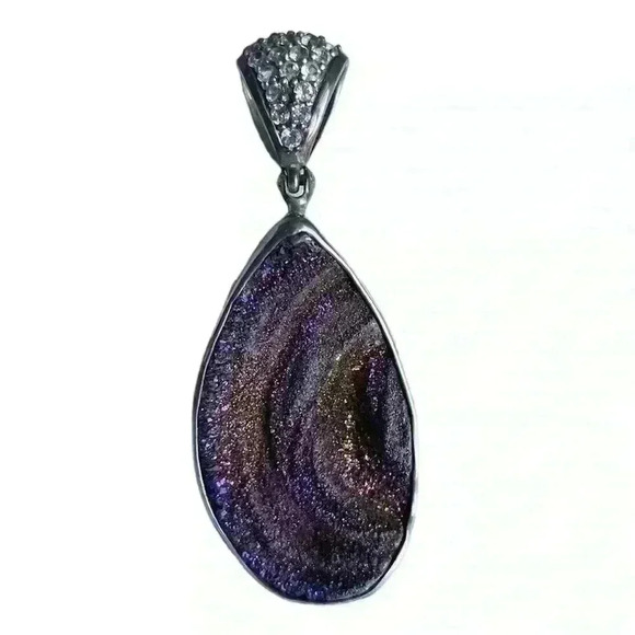 Purple Druzy Silver Oval Pendant with Crystal inlay Bail - Picture 2 of 6